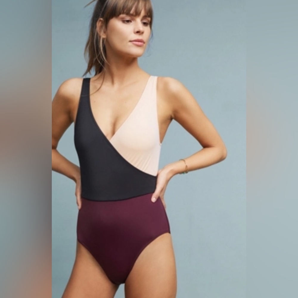 SOLID & STRIPED Black, Cream, and Burgundy One Piece Swimsuit
